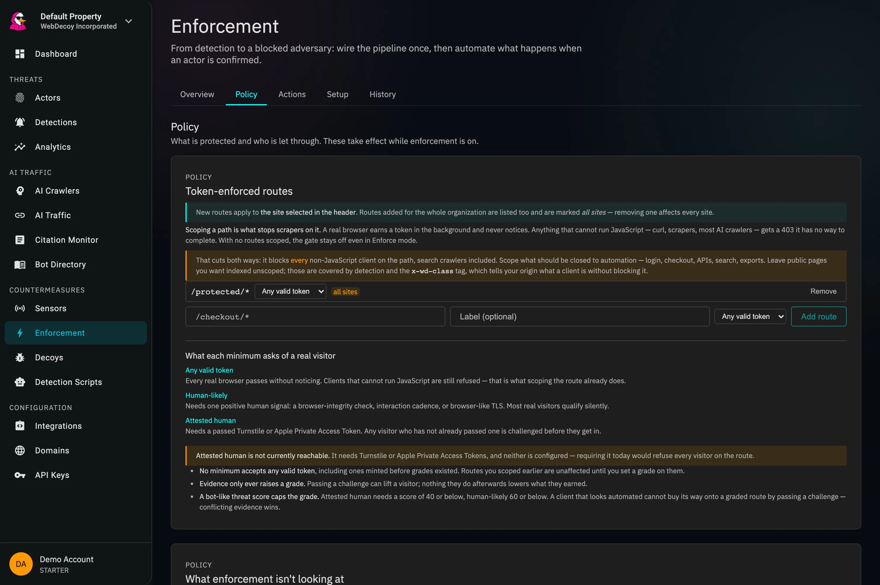 WebDecoy enforcement policy configuration with monitor and response controls