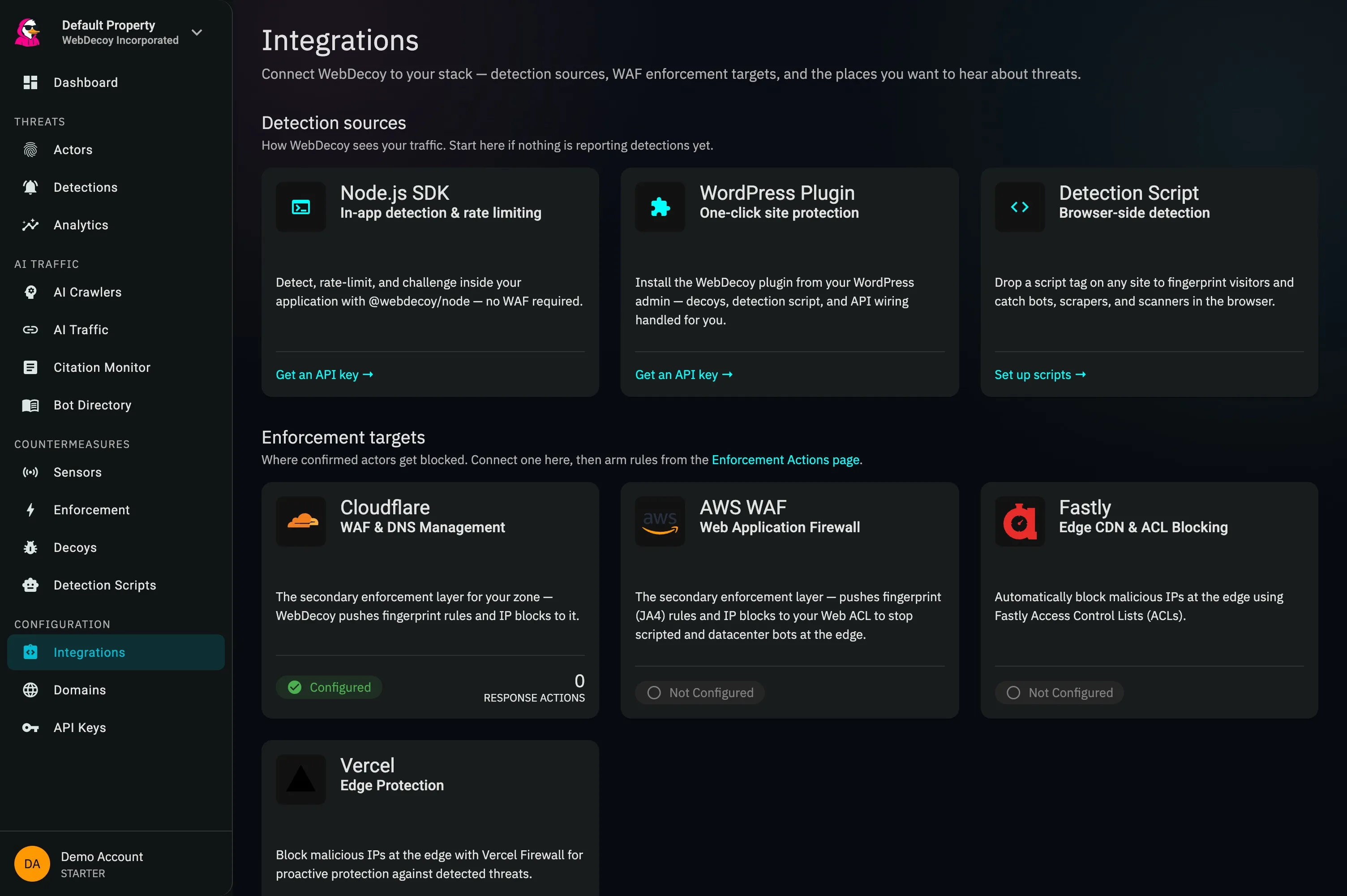 The integrations catalog: detection sources including the Node.js SDK, WordPress plugin, and detection script, and enforcement targets including Cloudflare, AWS WAF, Fastly, and Vercel