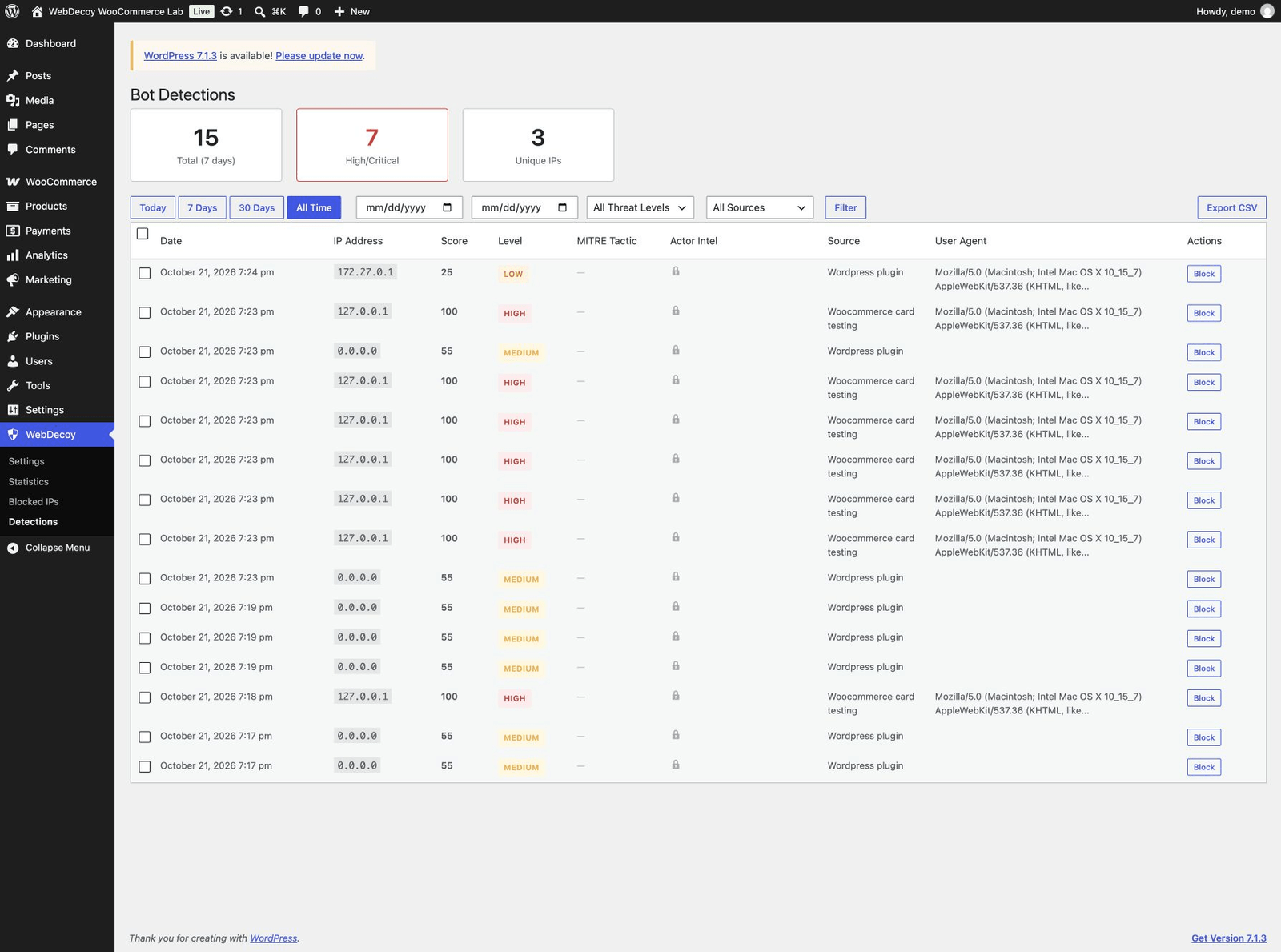 WebDecoy's actual lab dashboard recording WooCommerce card-testing detections.