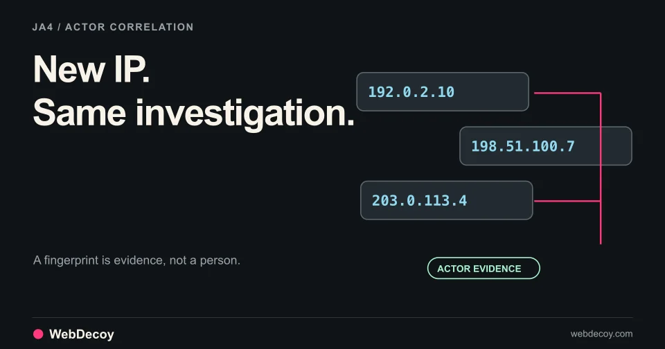 Several illustrative rotating IP addresses feed one actor investigation; a fingerprint alone is not presented as identity.