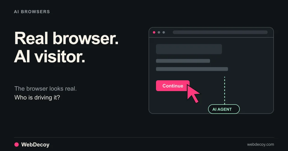 An AI agent controls a real browser, illustrating why a browser alone does not prove a human visitor.