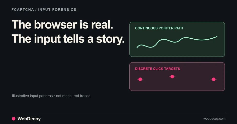 A continuous human pointer path is contrasted with discrete injected clicks as illustrative input patterns, not measured session traces.