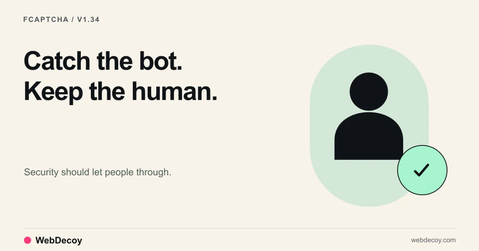 A human visitor passes through an open FCaptcha gate while automated traffic is examined separately.