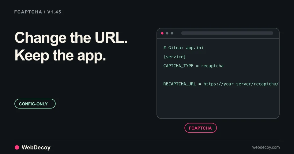 A configuration panel routes compatible Turnstile, hCaptcha and reCAPTCHA script paths to FCaptcha.