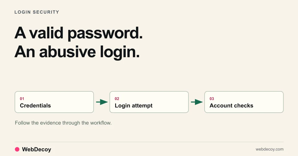 A valid password. An abusive login. Illustration of Credentials, Login attempt, Account checks.