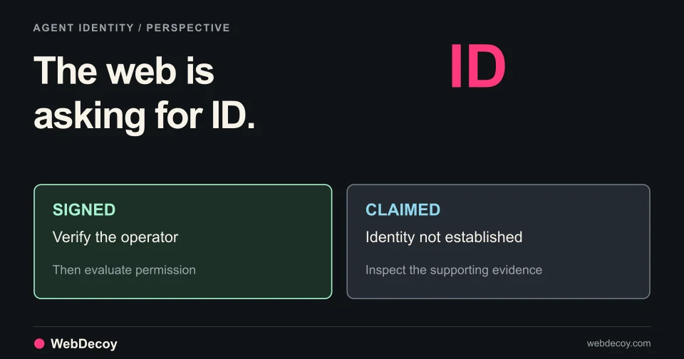 Two access paths contrast a signed agent with an identity claim still awaiting verification.