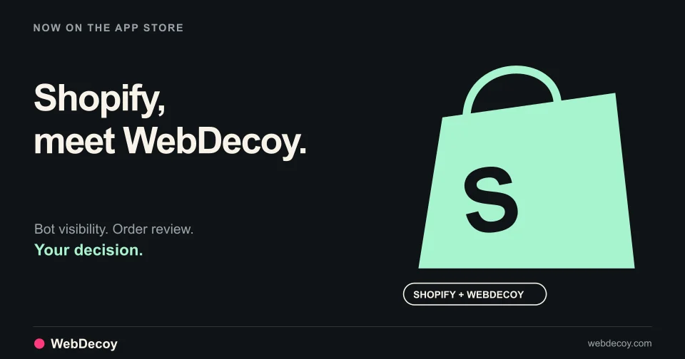 Shopify storefront artwork paired with WebDecoy bot visibility and order review controls.