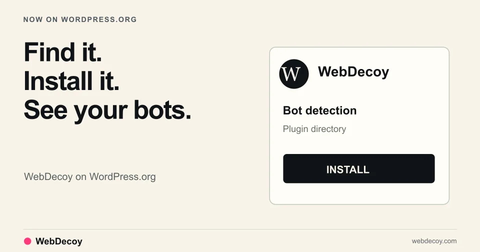 A WordPress plugin-directory illustration presents WebDecoy as an installable bot-detection plugin.
